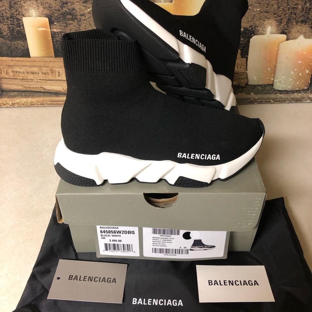 Balenciaga Speed Trainer Runner Sneaker Mid-Top Women Size 5 Black White